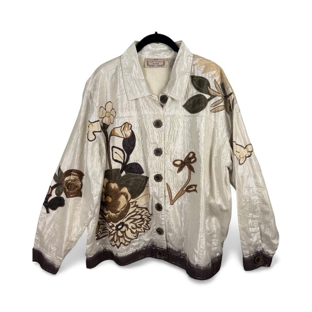 Life Style Womens Floral Appliqué Jacket Size 1X Boho Cream Metallic Shimmer